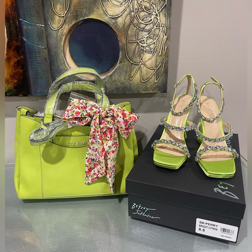Betsey Johnson Neon Lime Jeweled Strap Block Heel Sandals - Picture 3 of 8